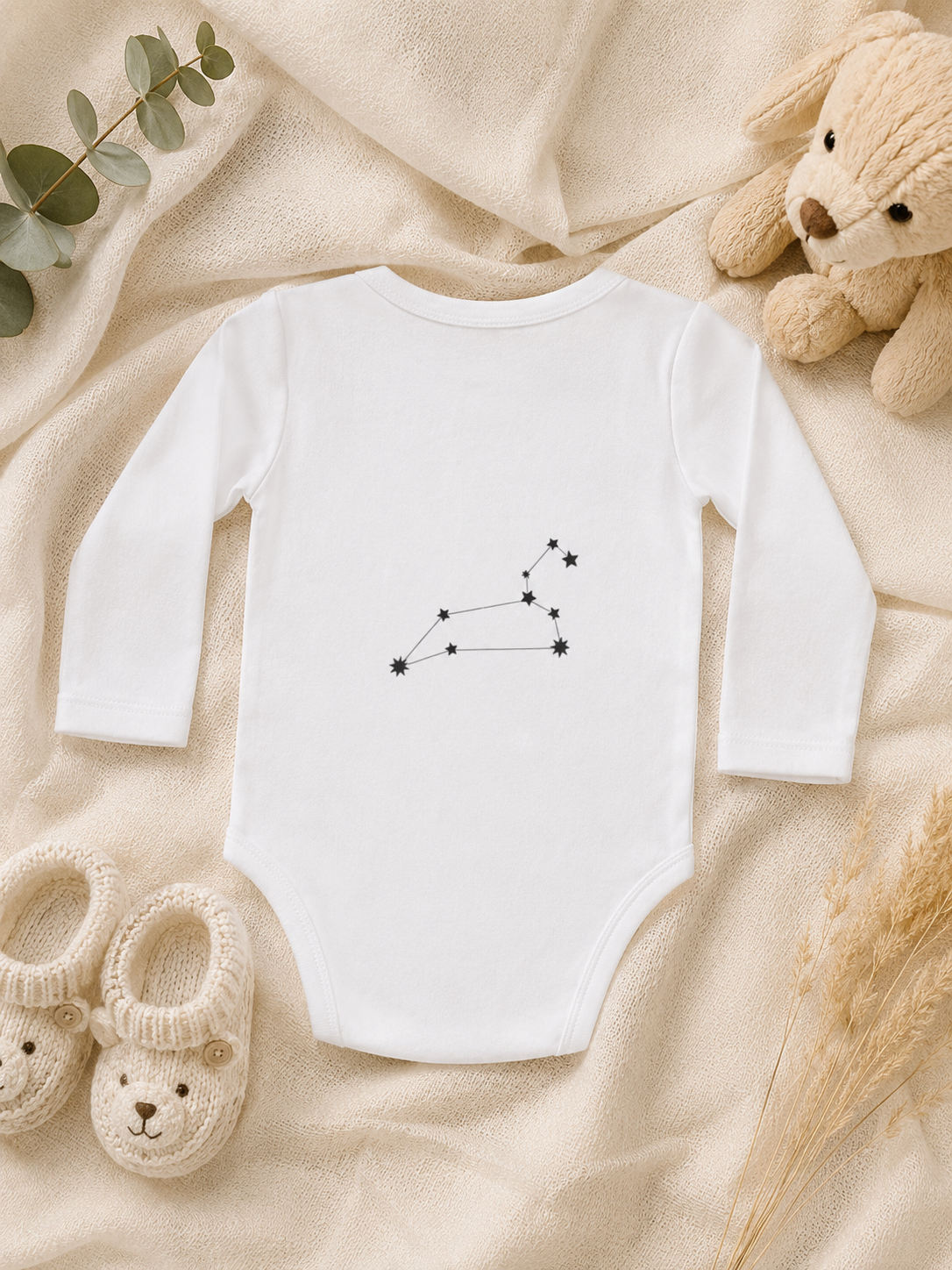 See You in August Baby Bodysuit — Organic Long-Sleeve Pregnancy Announcement with Constellation Design