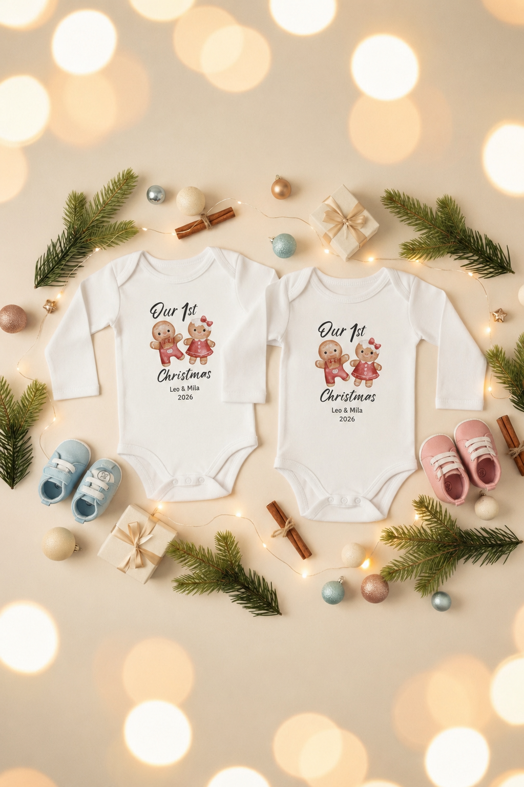 Baby Onesie Personalizad “Our 1st Christmas” Gingerbread Twins Long-Sleeve