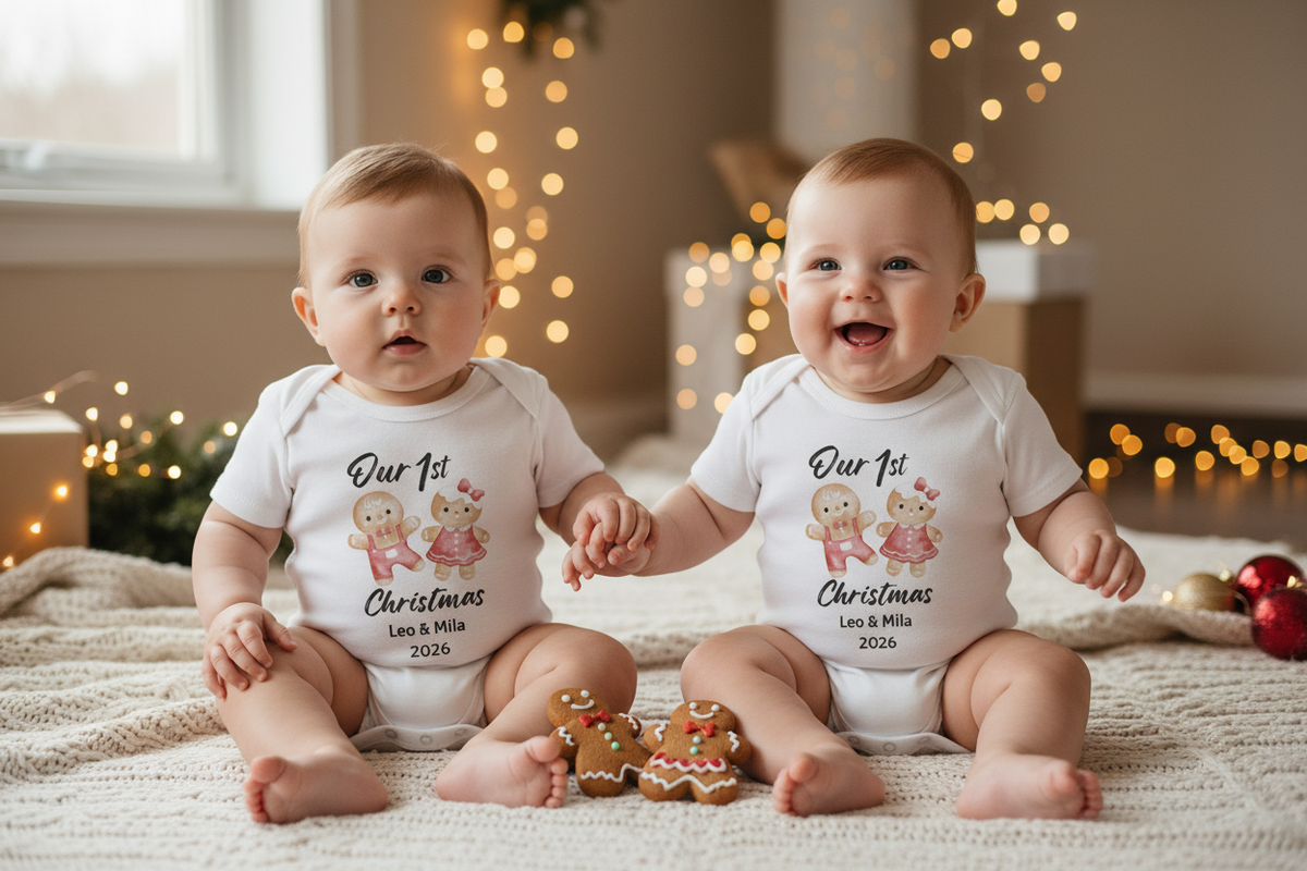 Our 1st Christmas Gingerbread TWINS Babygrow short sleeve