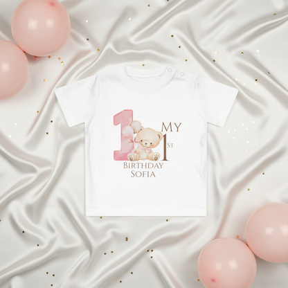 1st Birthday Baby T-Shirt – Personalized 'My 1st Birthday' Pink Bear Tee