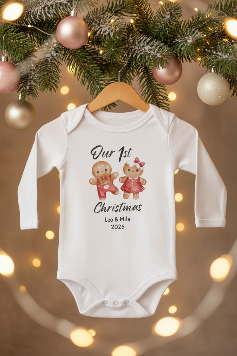 Babygrow Personalizad “Our 1st Christmas” Gingerbread Twins Long-Sleeve