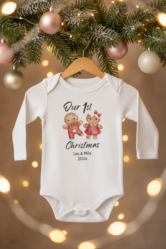 Baby Onesie  Personalizad “Our 1st Christmas” Gingerbread Twins Long-Sleeve