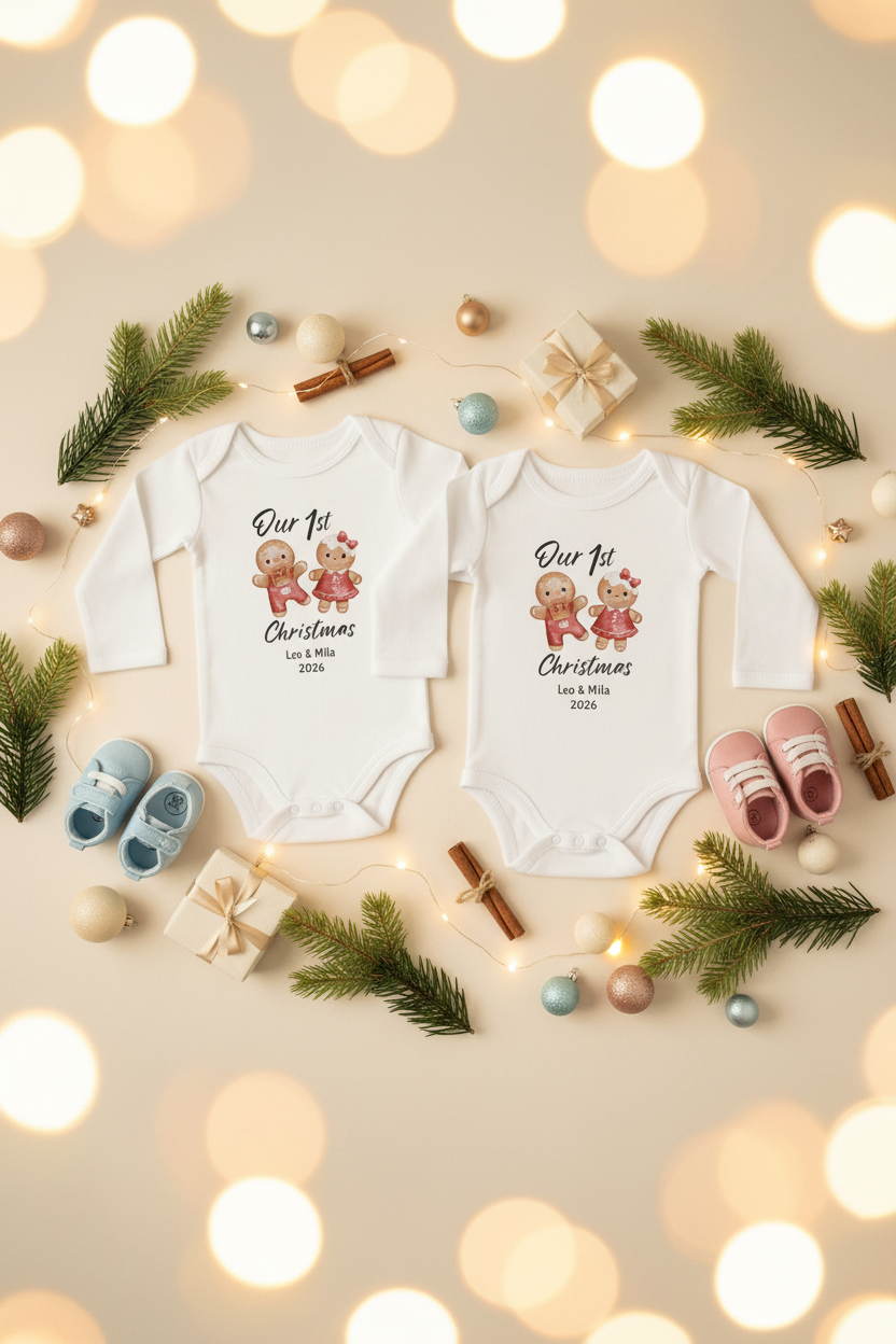Babygrow Personalizad “Our 1st Christmas” Gingerbread Twins Long-Sleeve