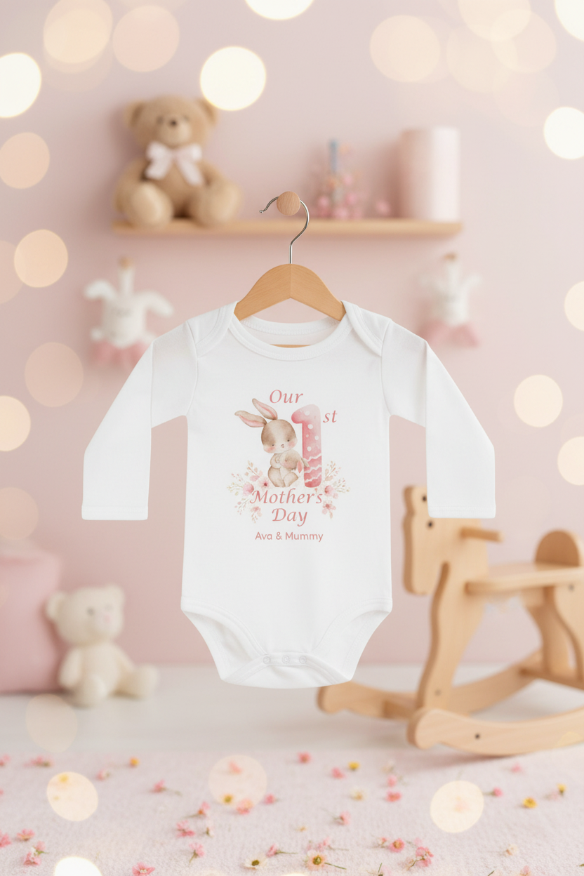 Our 1st Mothers Day Pink Bunny Baby Onesie Long Slewp