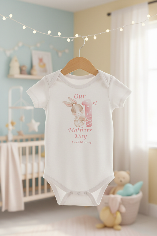Our 1st Mother's Day Pink Bunny Babygrow Perosnalised