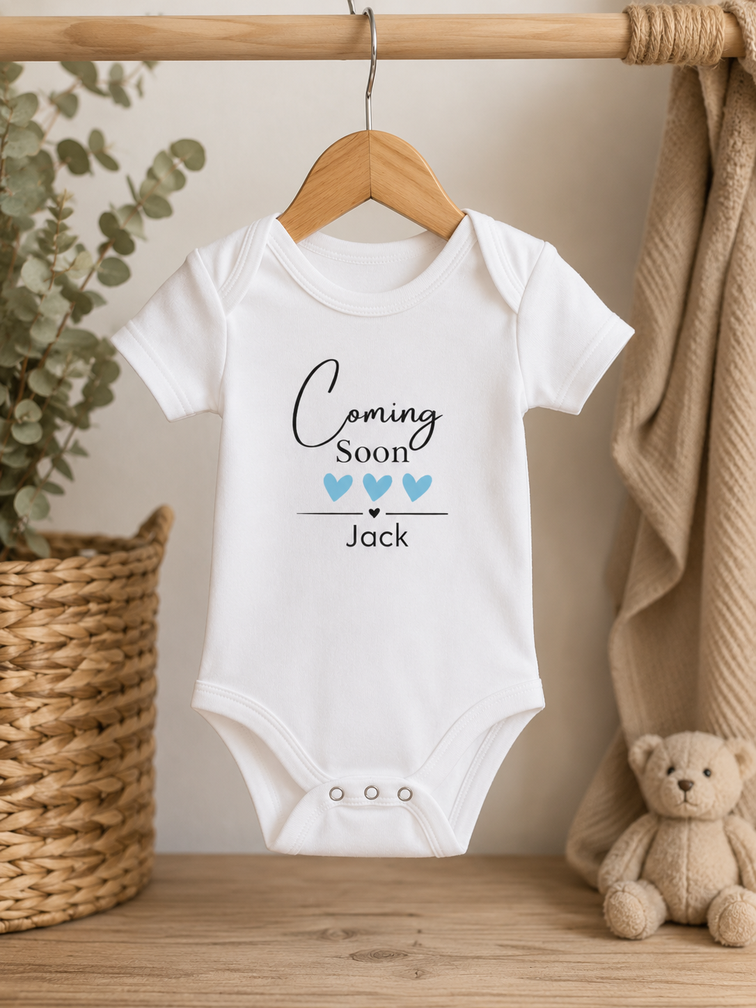 Coming Soon Coming Babygrow Blue Heart Personalised
