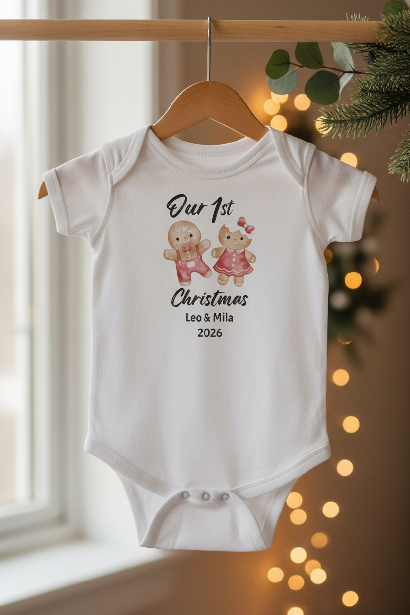 Our 1st Christmas Gingerbread TWINS Babygrow short sleeve