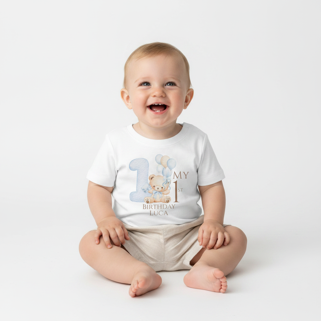 Personalised My 1st Birthday Baby T-Shirt Blue Bear