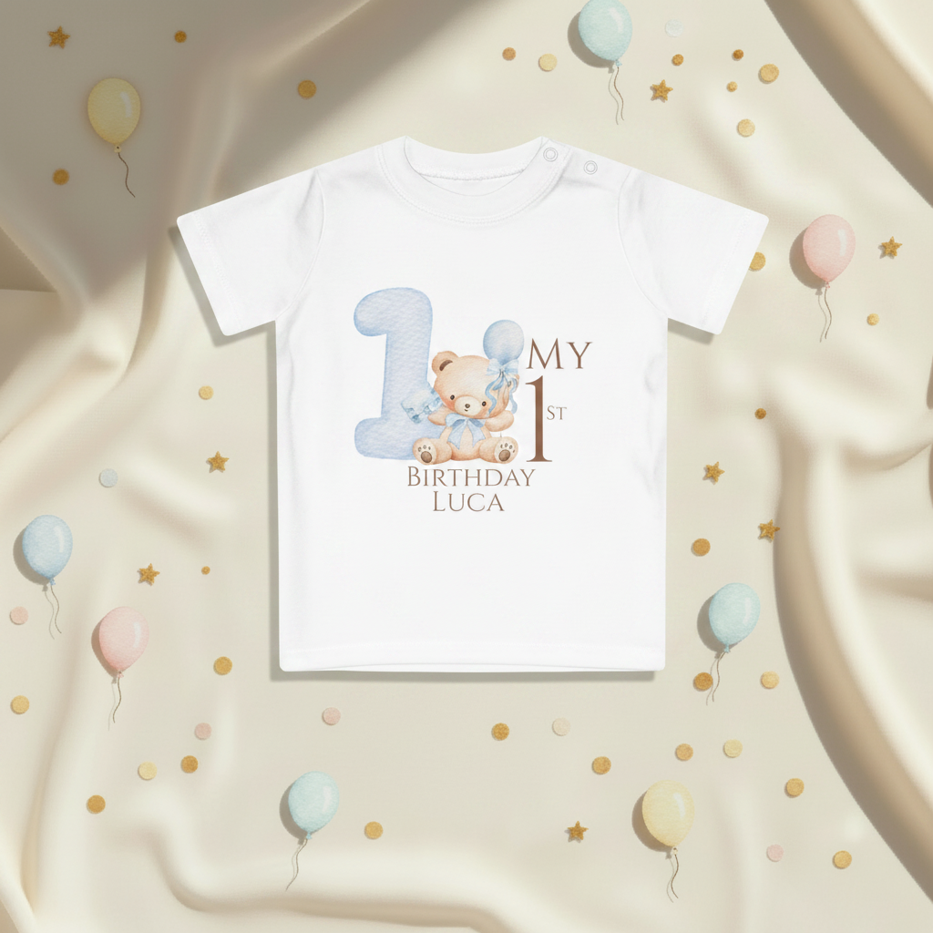 Personalised My 1st Birthday Baby T-Shirt Blue Bear