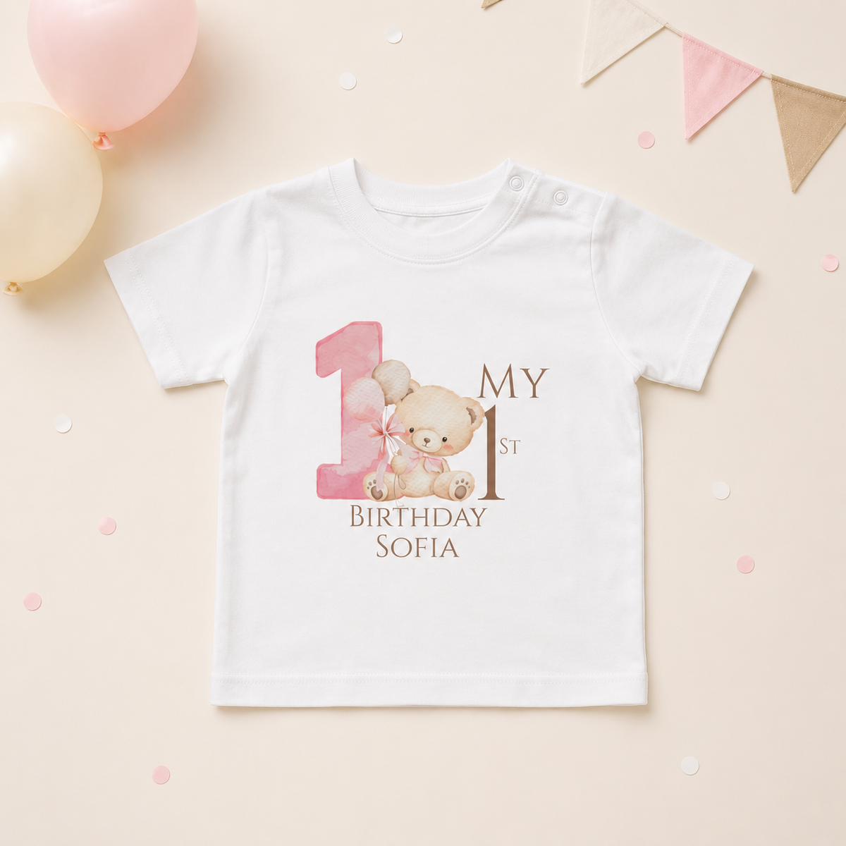 Personalised My 1st Birthday Baby T-Shirt Pink Bear