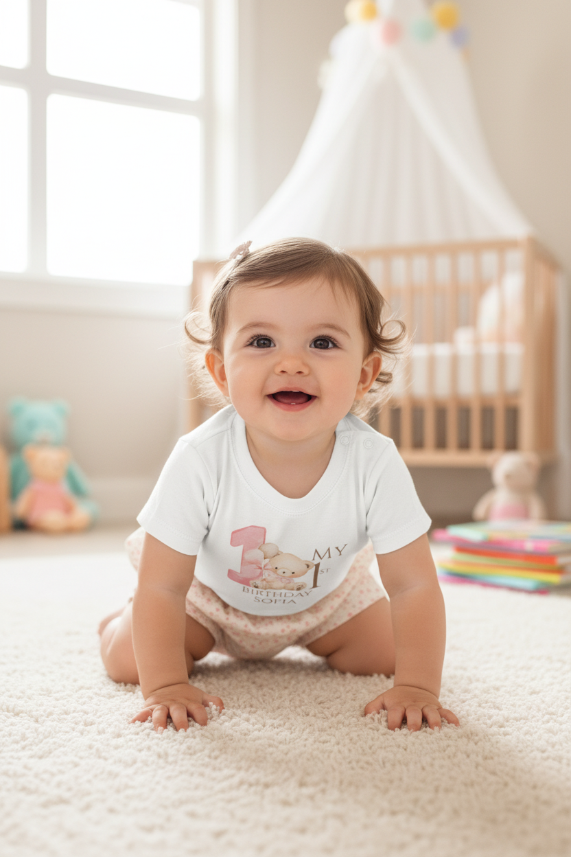 Personalised My 1st Birthday Baby T-Shirt Pink Bear
