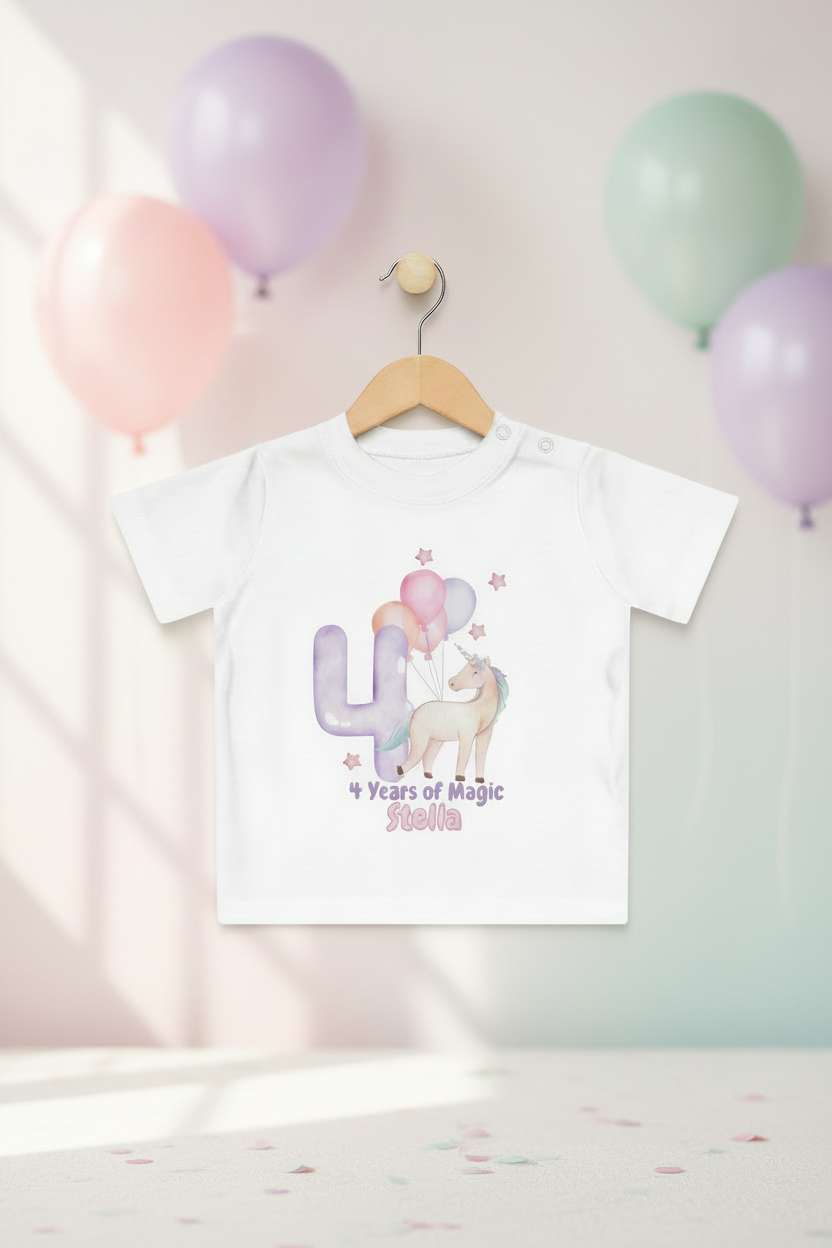Unicorn 4th Birthday Baby T-Shirt – Personalized “4 Years of Magic” Name Tee