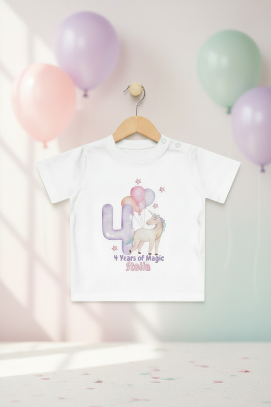 Unicorn 4th Birthday Baby T-Shirt – Personalized “4 Years of Magic” Name Tee