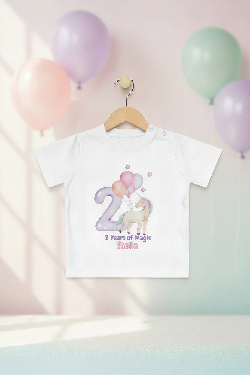 Unicorn 2nd Birthday Baby T-Shirt – Personalized “2 Years of Magic” Name Tee