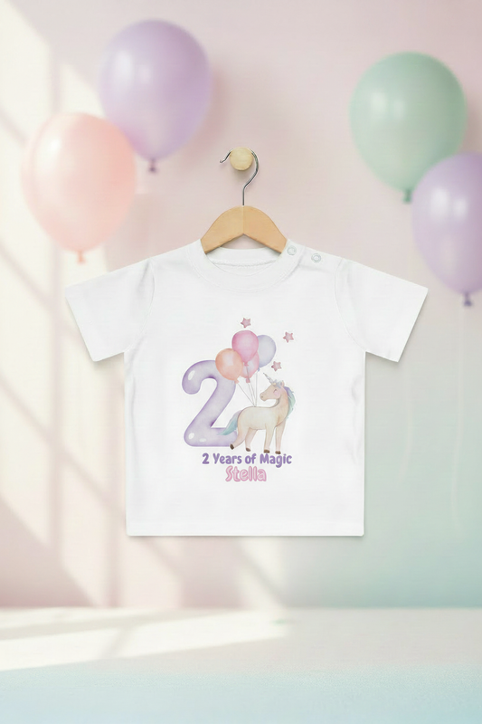 Unicorn 2nd Birthday Baby T-Shirt – Personalized “2 Years of Magic” Name Tee