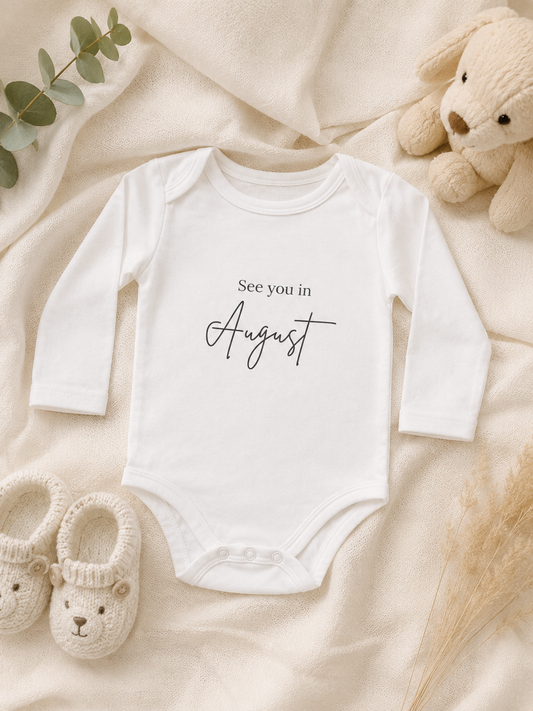 See You in August Baby Bodysuit — Organic Long-Sleeve Pregnancy Announcement with Constellation Design