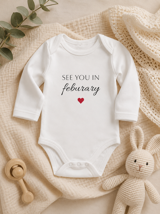 “See You in February " babygrow long sleeve personalised month & star sign