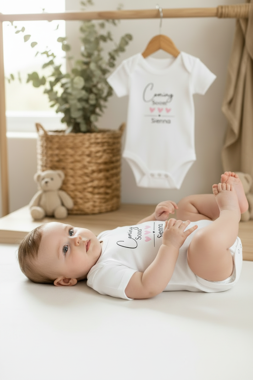 Coming Soon Babygrow with Pink Hearts