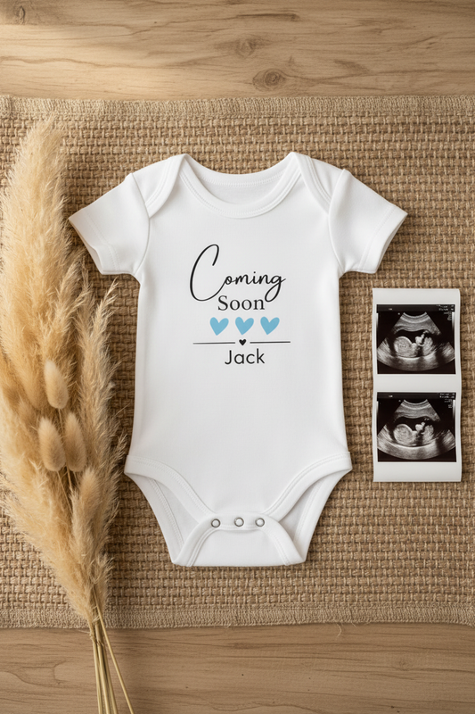 Coming Soon Coming Babygrow Blue Heart Personalised
