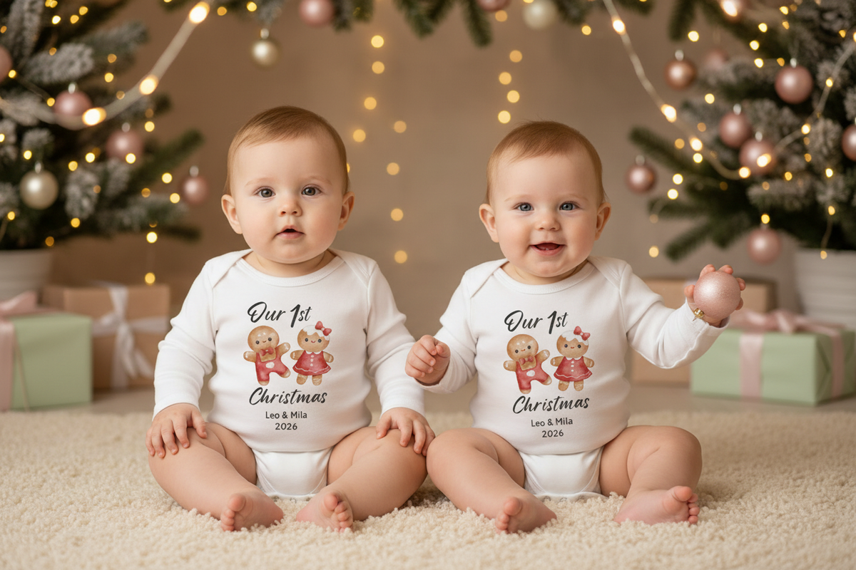 Babygrow Personalizad “Our 1st Christmas” Gingerbread Twins Long-Sleeve