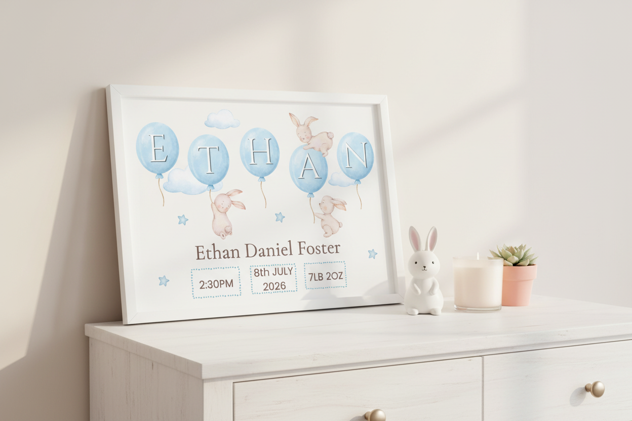 Personalised Baby Birth Announcement Print | Custom Name & Birth Details | Nursery Wall Art