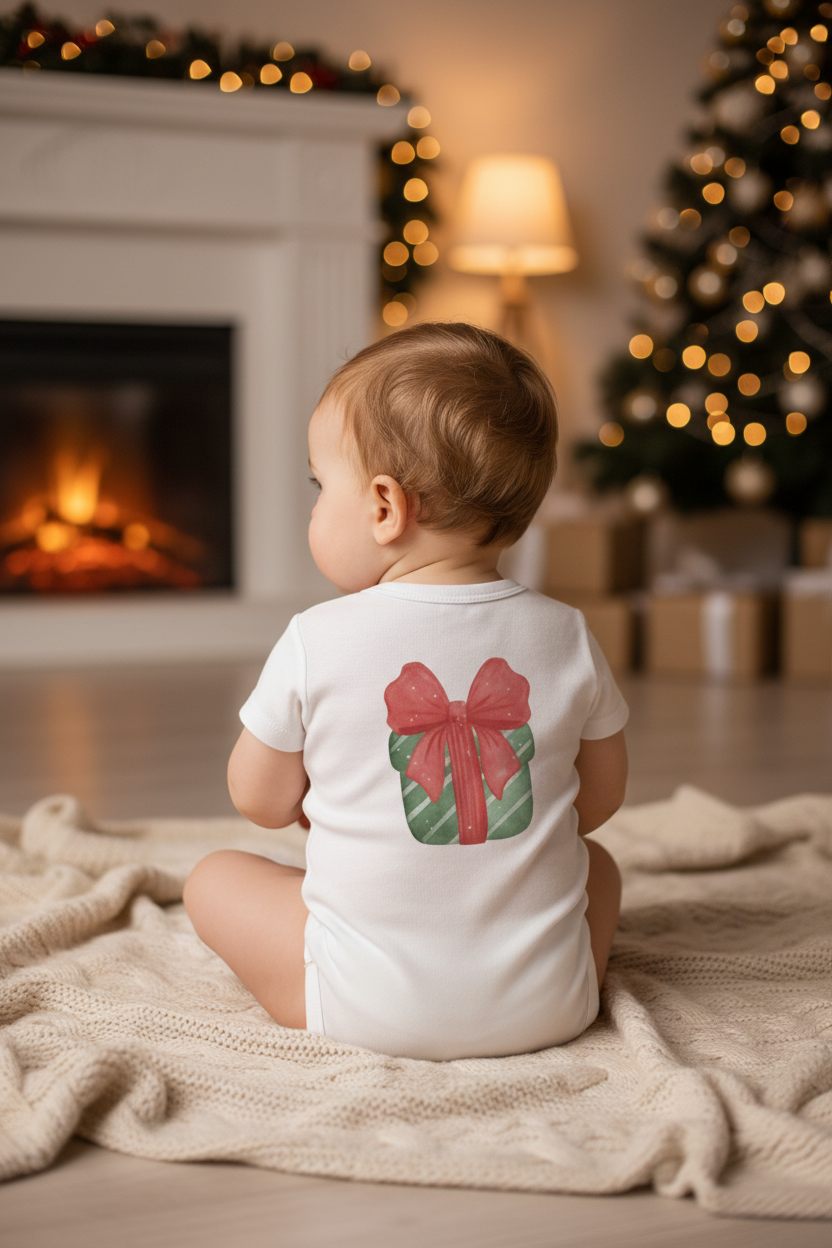 Baby wearing Christmas Gift Babygrow - Back View
